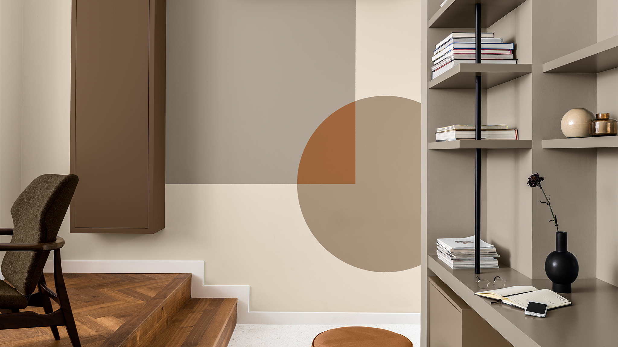 Phòng làm việc sơn hình vuông và hình tròn với nhiều màu đất khác biệt Dulux_CF21_Color_of_the_Year_Trust_colors_global_4